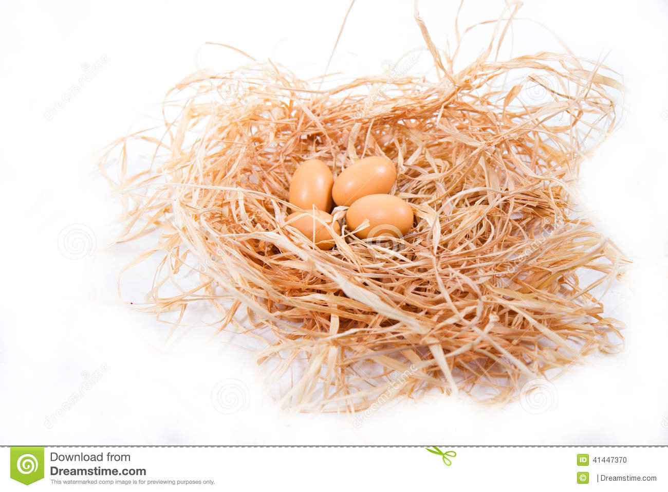 Nest  Four Chicken Brown Eggs On The Pile Of Hay On A White Background