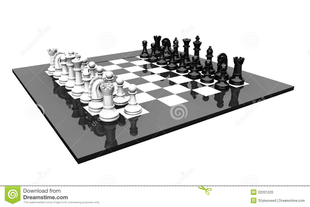 3d Rendering Of A Shiny Black And White Chessboard Set