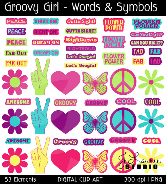 Digital Clipart Symbols Words Groovy Girl Flowers Seventies Sixties
