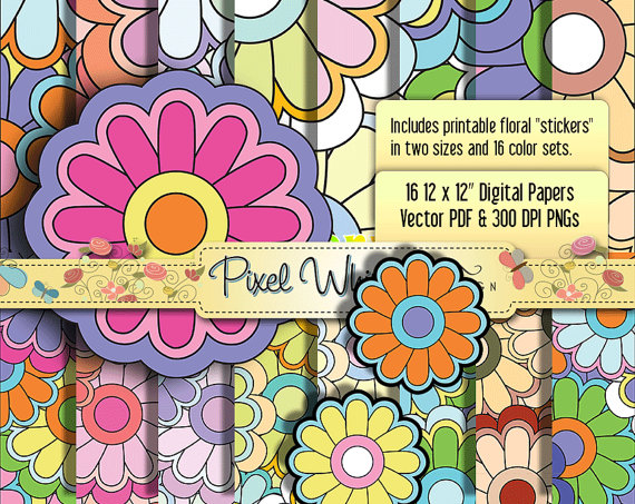 Groovy  Scrapbook Digital Papers And Large Floral Stickers    Pdfs
