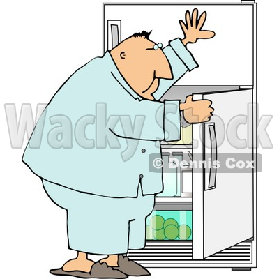 Overweight Man Looking Through The Refrigerator For Food Clipart