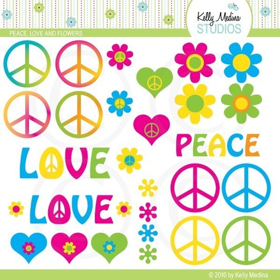 Peace Love And Flowers Clipart Set   Digital Elements Commercial Use