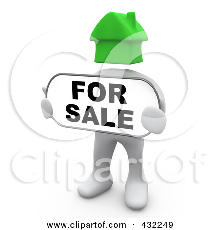 3d White Person With A Green House Head Holding A For Sale Sign