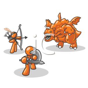 Of Two People Fighting A Dragon   Royalty Free Clipart Picture