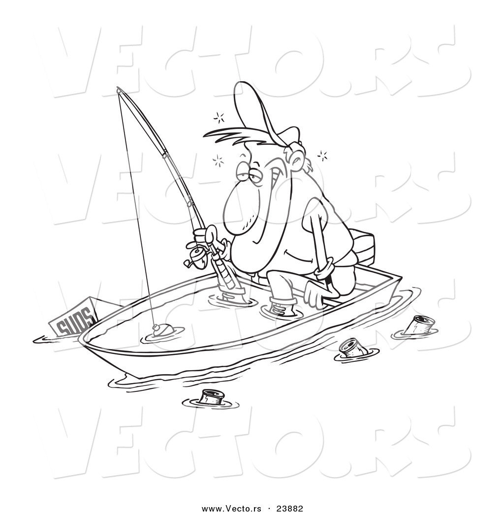 Man Fishing In A Sinking Boat   Coloring Page Outline By Ron Leishman