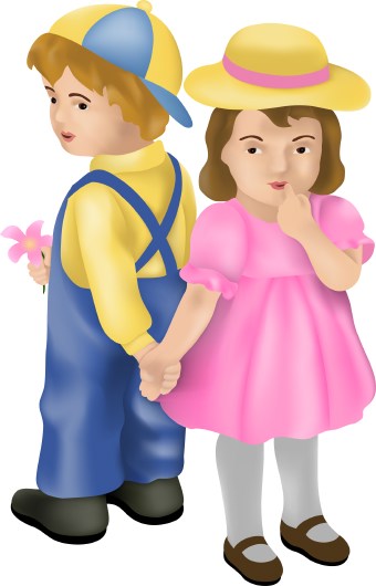Clip Art Of Shy Little Boy And Girl Standing Back To Back Holding