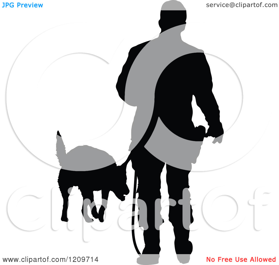 Clipart Of A Black Silhouetted Police Officer Training With His K9 Dog