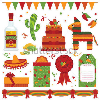 Mexican Party Items With Pinata And Tequila Isolated On White