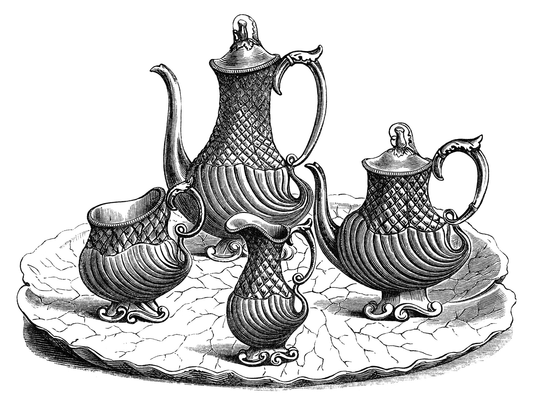 Victorian Tea Set Vintage Kitchen Clip Art Black And White Clipart