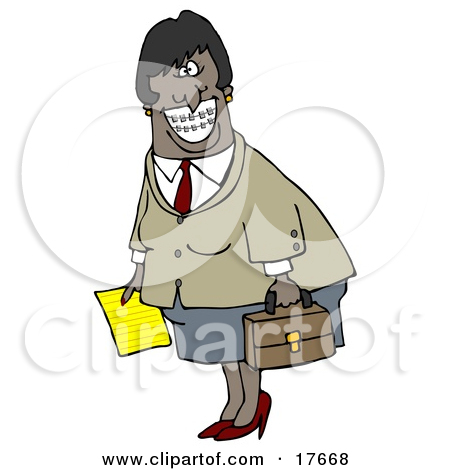 Businesswoman With Braces Smiling And Carrying Letter Briefcase