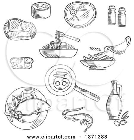 Clipart Of Black And White Sketched Sushi Roll And Nigiri Pasta And