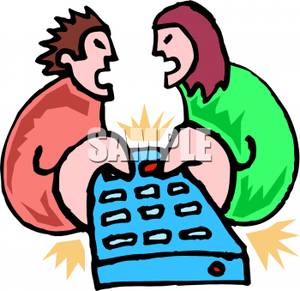 Couple Fighting Over The Remote Control   Royalty Free Clipart Picture