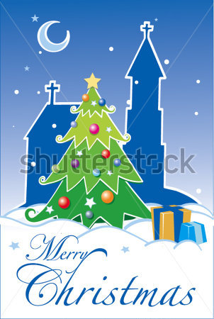 Green Merry Christmas Happy New Year Church Snow Shine Star