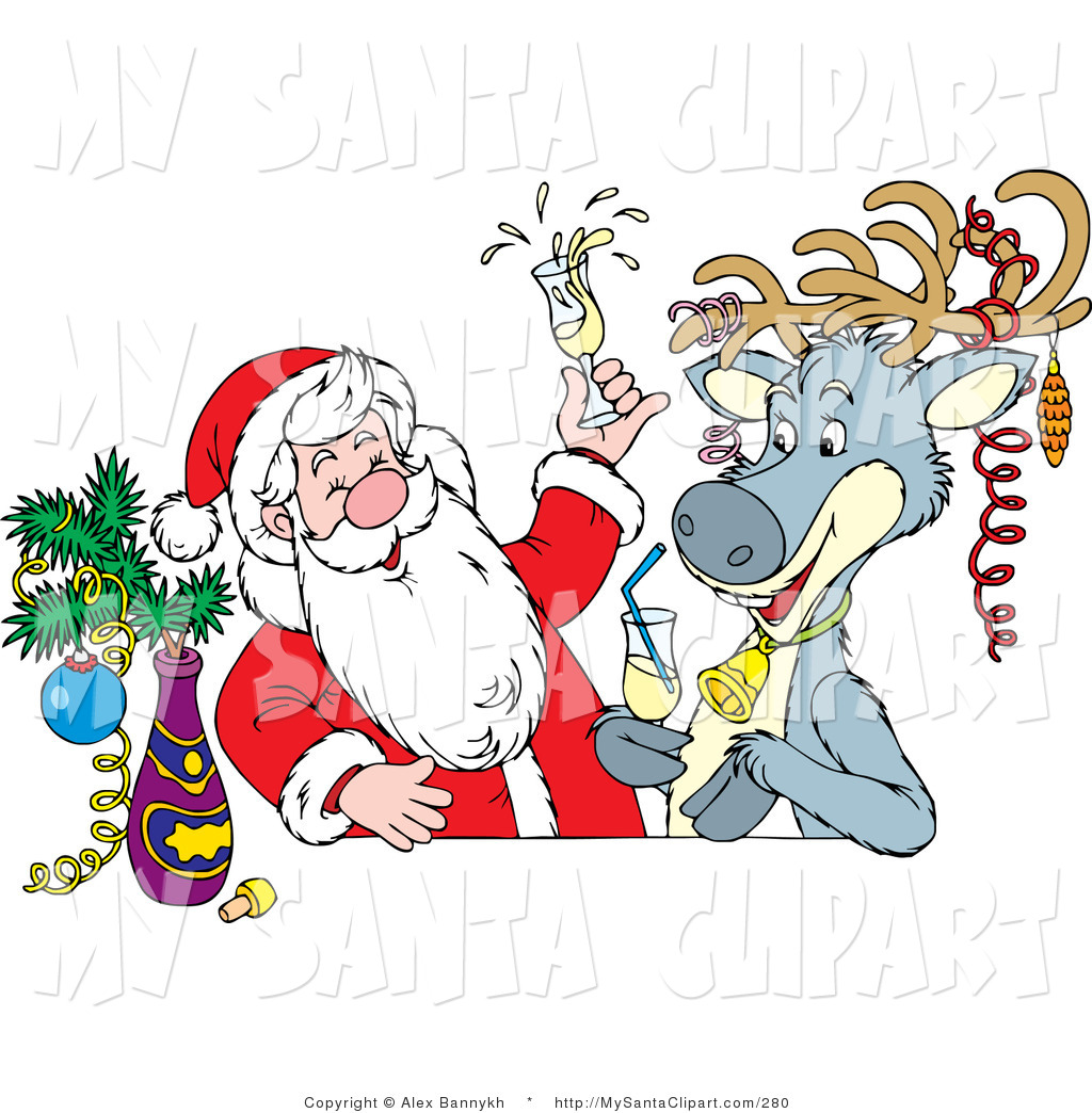 Christmas Clip Art Of A Happy Santa And A Reindeer Getting Drunk At A