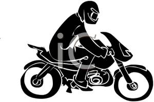 Black And White Cartoon Of A Man Riding On A Motorcycle   Royalty