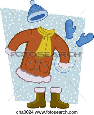 Drawing   A Winter Coat Scarf Boots Mittens And Hat  Fotosearch