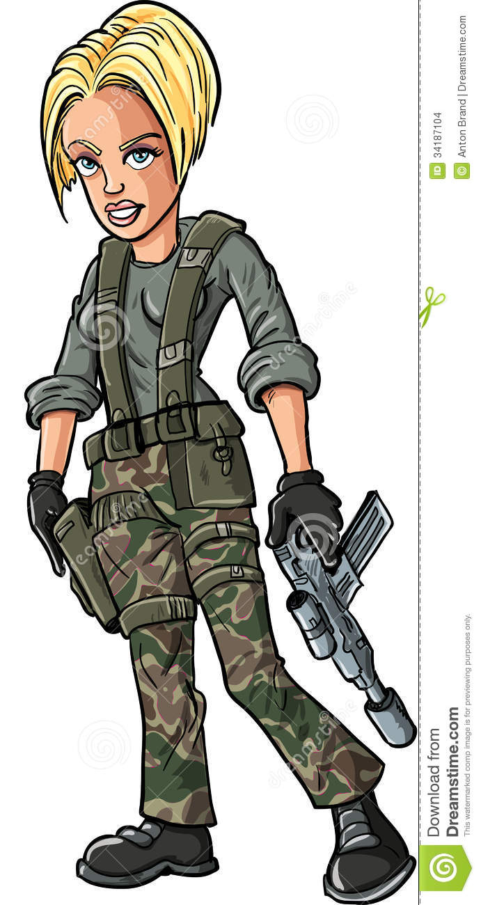 Cartoon Blond Female Soldier With A Sub Machine Gun  Isolated On White