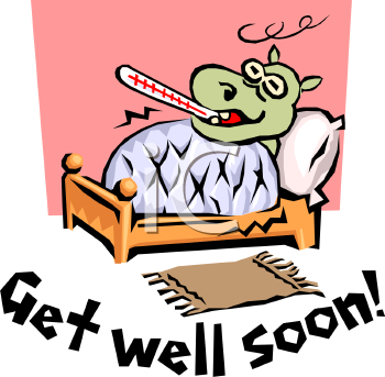 Get Well Soon Message With A Cartoon Of A Hippo Sick In Bed   Royalty