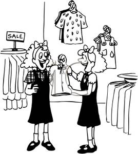 Twin Girls Shopping For Clothes   Royalty Free Clipart Picture