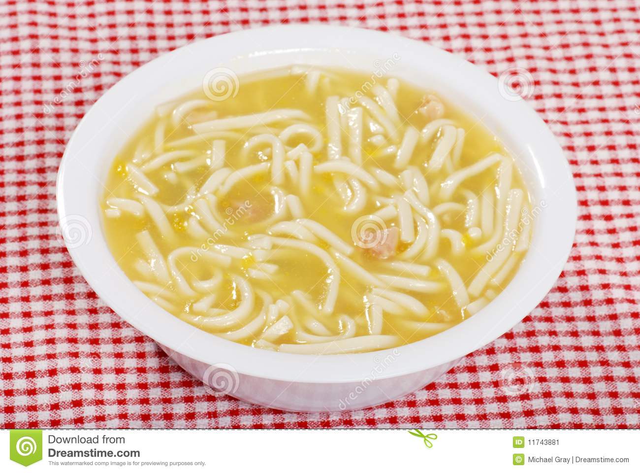 Chicken Noodle Soup On A Red And White Tablecloth 