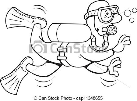 Clipart Vector Of Cartoon Scuba Diver Black And Whit   Black And White