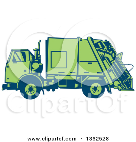 Clipart Of A Retro Woodcut Blue And Green Garbage Truck   Royalty Free