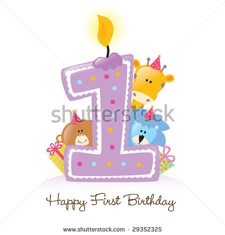 Happy First Birthday Candle And Animals Isolated Over White   Stock