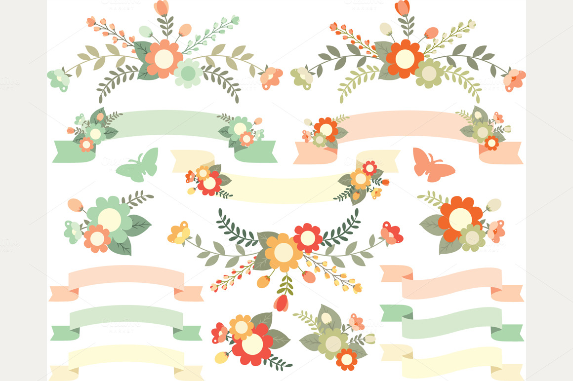 Flowers And Ribbons  Peach Green    Illustrations On Creative Market