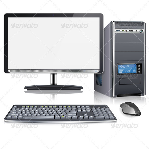 Realistic 3d Computer Case With Monitor Keyboard And Mouse Isolated