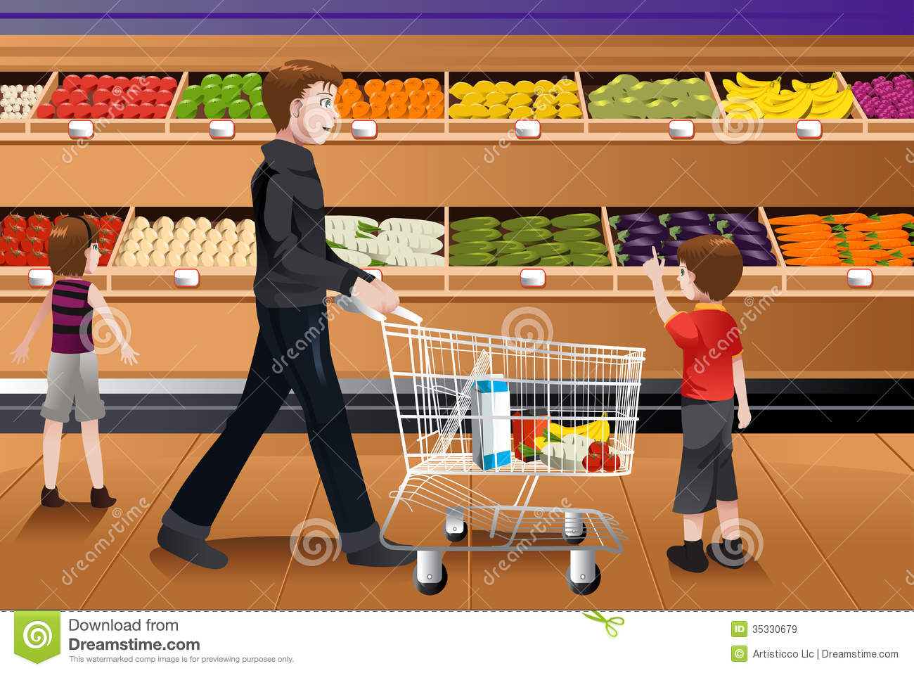 Father And His Kids Doing Grocery Shopping Royalty Free Stock Images