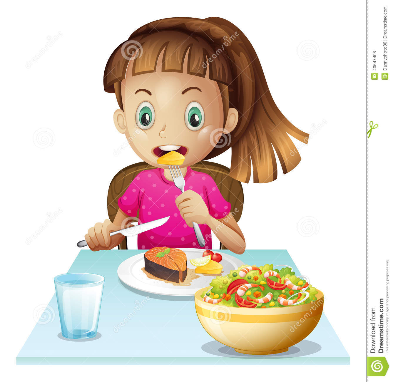 Illustration Of A Little Girl Eating Lunch On A White Background