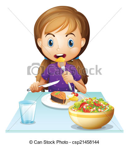 Vector Of A Hungry Girl Eating Lunch   Illustration Of A Hungry Girl
