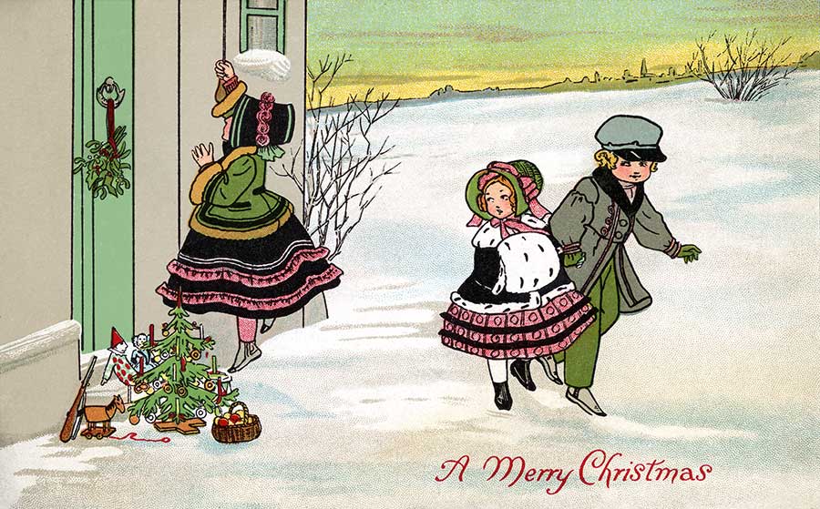 Children Giving Gifts On Christmas Eve   A Vintage Clip Art