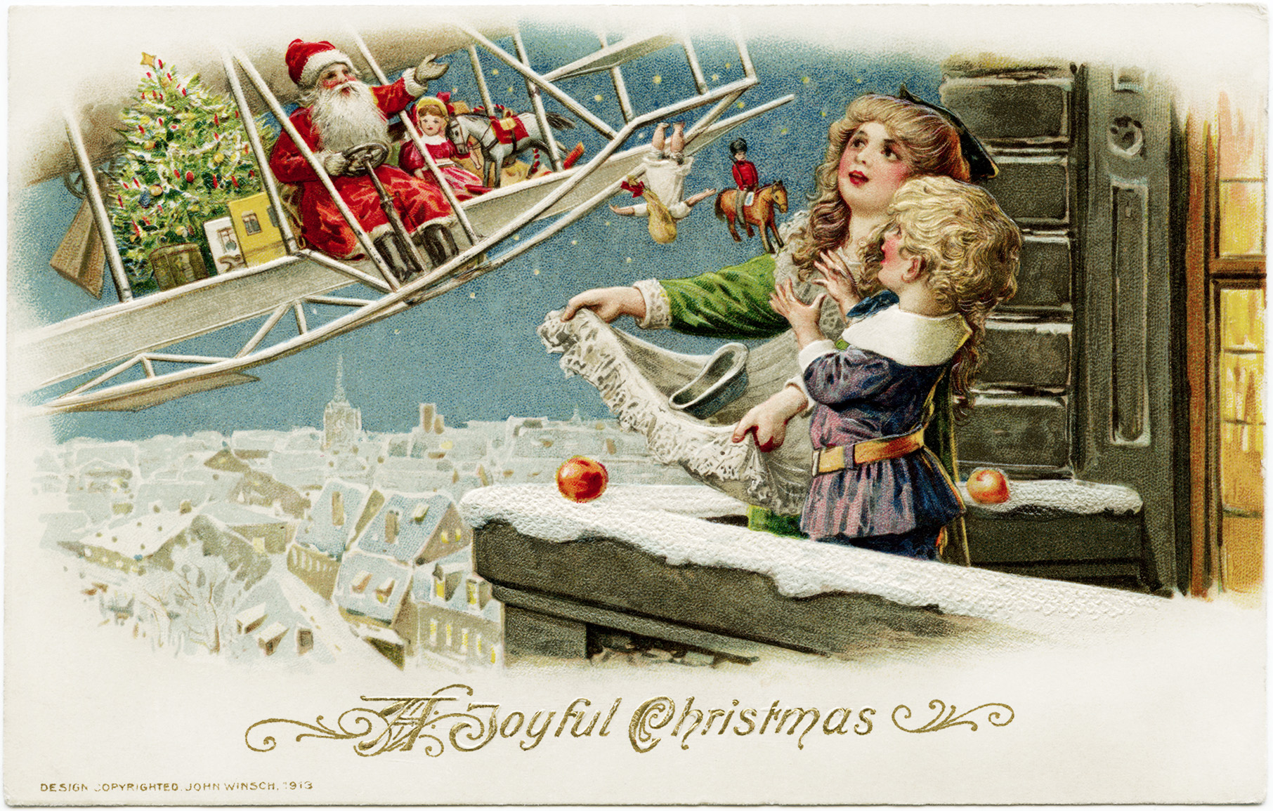 Gifts By Plane Santa Biplane Image Vintage Christmas Clipart Old