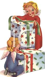 Vintage Cartoon Of Two Angels Wrapping Christmas Gifts   Royalty Free