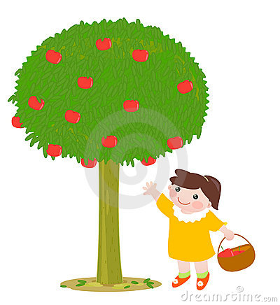 Cute Small Girl About To Pluck An Apple Under Apple Tree With A