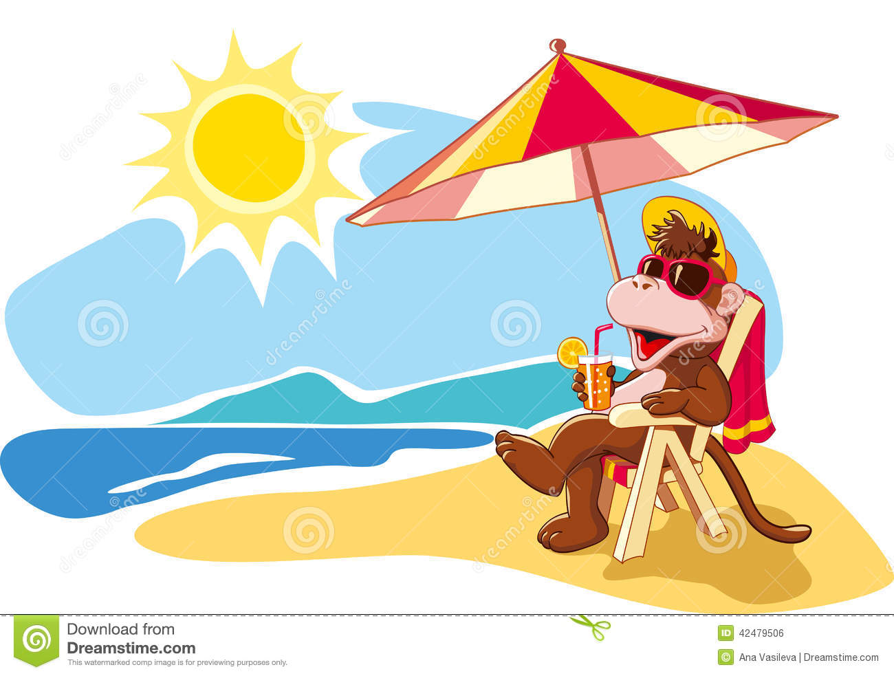 Funny Cartoon Monkey Relaxing On Beach Chair By Sea In Summer Vacation