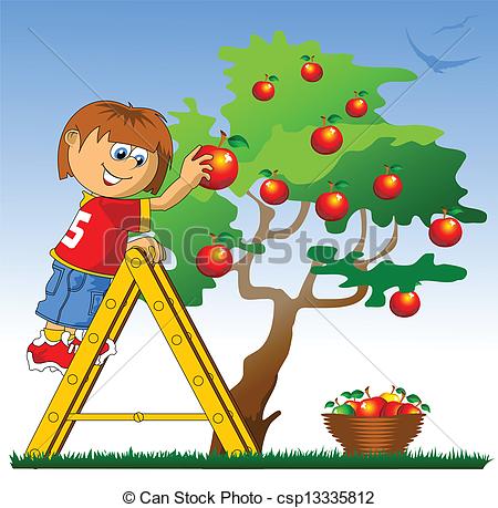 Vector Clip Art Of Apple Picking   Little Boy Collects Red Apples
