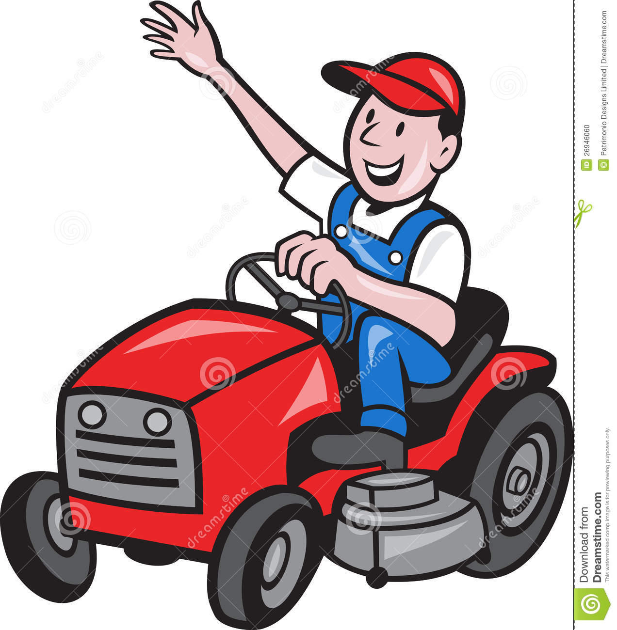 Cartoon Riding Lawn Mower Farmer Driving Ride On Mower