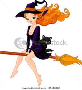 Cute Witch And Her Black Cat Riding On A Magic Broomstick Clip Art