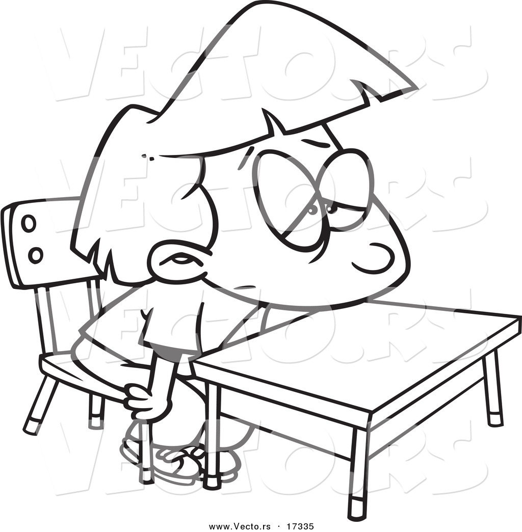     Bored School Girl At Her Desk   Coloring Page Outline By Ron Leishman