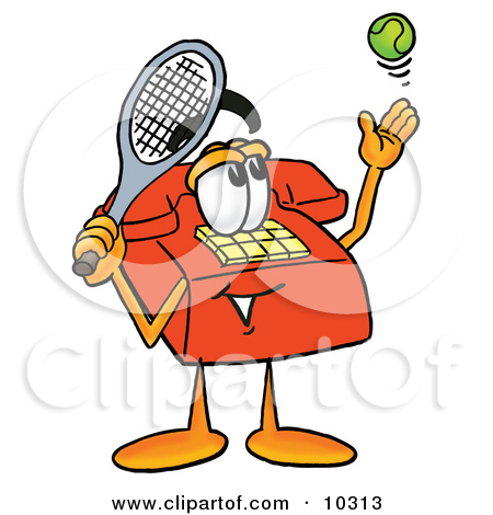 Red Telephone Mascot Cartoon Character Preparing To Hit A Tennis Ball