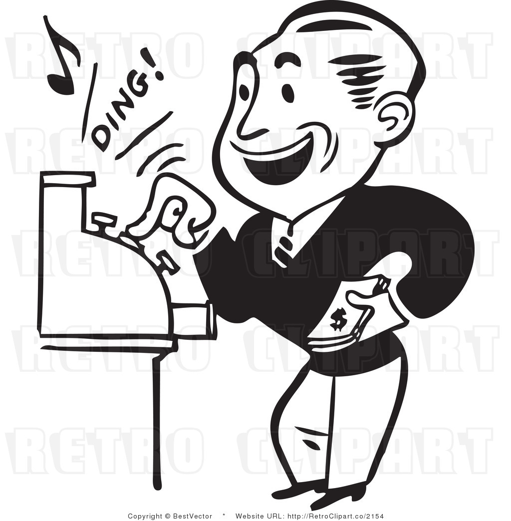 And White Retro Vector Clip Art Of A Man Operating A Cash Register