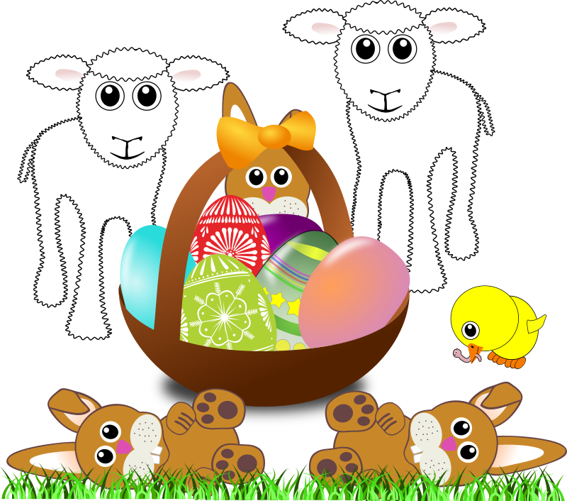 Funny Lambs Bunnies And Chick With Easter Eggs In A Basket By    