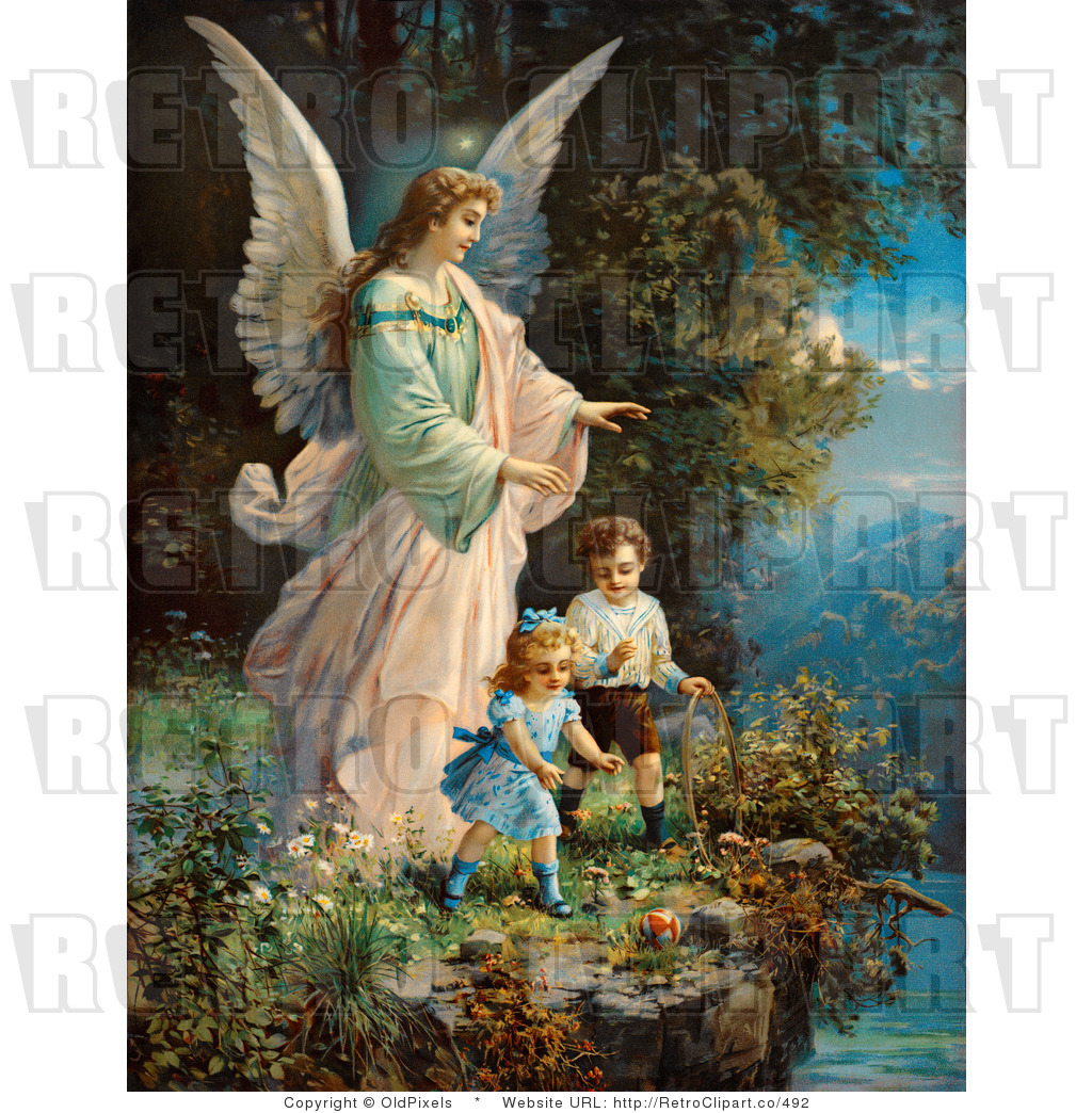 Retro Vintage Guardian Angel Protecting Children Royalty Free Clipart