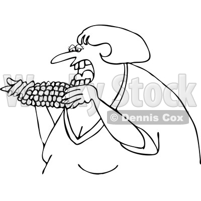 Cartoon Of An Outlined Woman Eating Corn   Royalty Free Vector Clipart