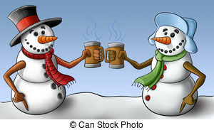 Two Snowmen Drinking And Smiley To Each Other
