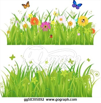 Vector Illustration   Green Grass With Flowers And Insects  Stock Clip