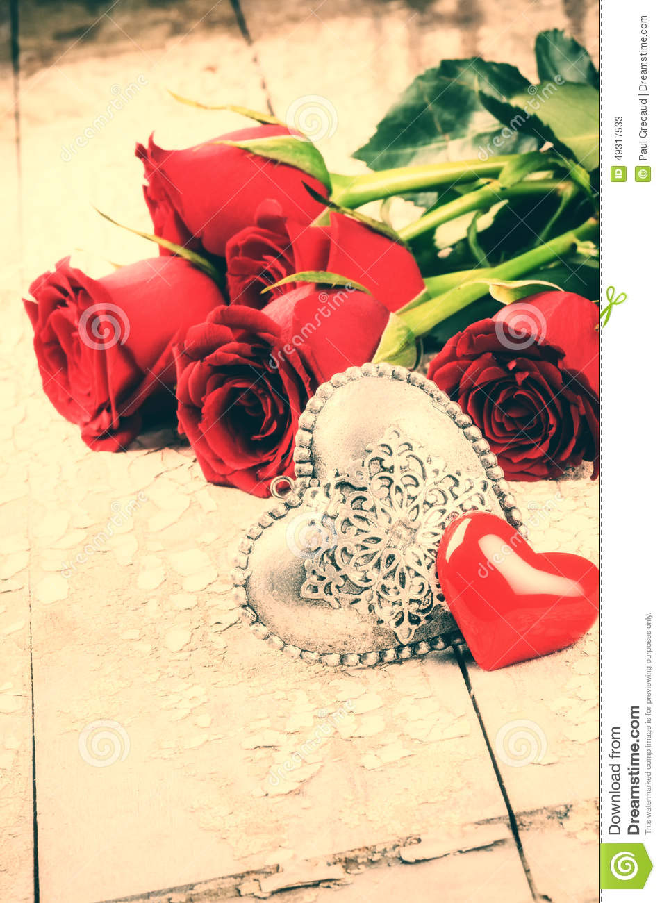 Valentine S Setting With Bouquet Of Red Roses Stock Photo   Image