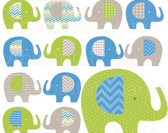 Cool Boys Blue Green Gray Elephant Digital Clipart   Baby Boy Clip Art